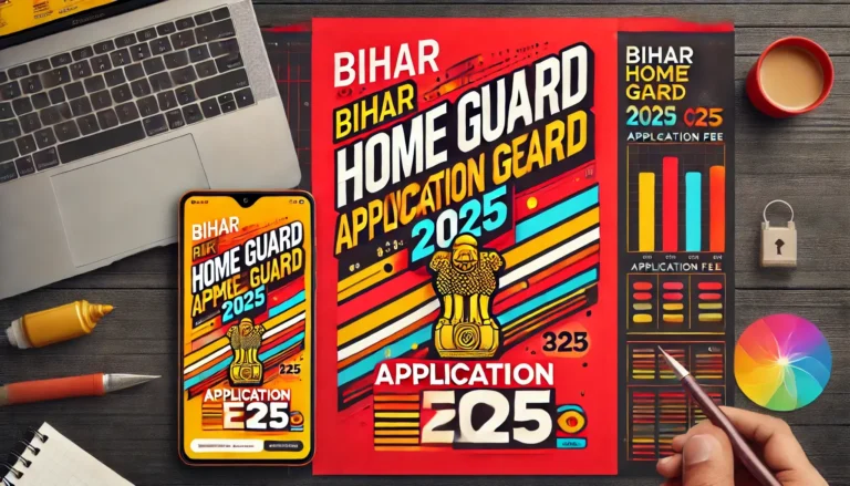 Bihar Home Guard Application Fee 2025 details with Ashoka Pillar symbol, red and yellow background, and government job theme.