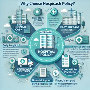 Illustration explaining how Hospicash policy works, including hospital stay, daily cash benefits, and easy claim process.