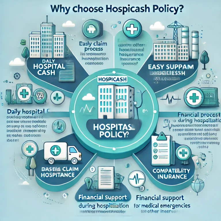 Illustration explaining how Hospicash policy works, including hospital stay, daily cash benefits, and easy claim process.