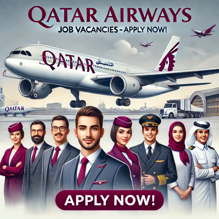 Qatar Airways recruitment banner featuring an airplane, cabin crew, ground staff, and pilots with a professional "Apply Now" message