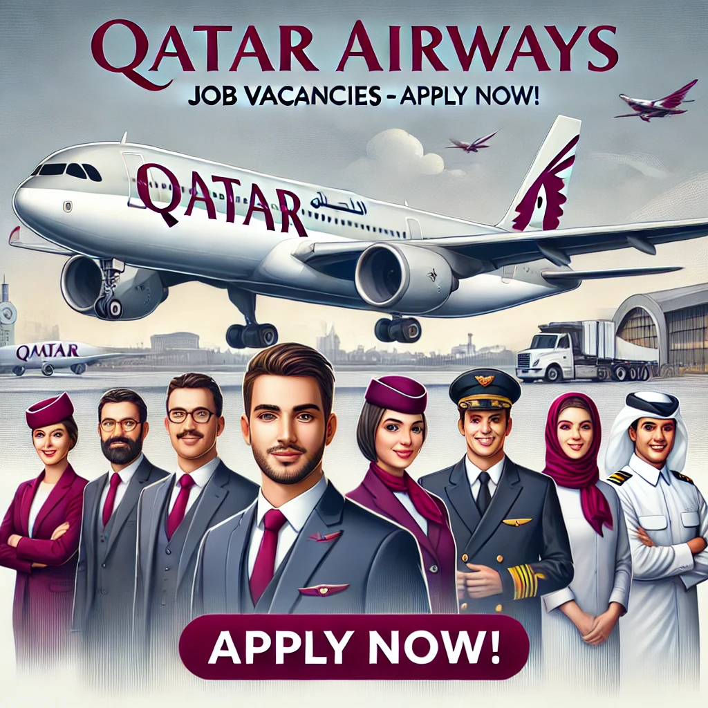 Qatar Airways recruitment banner featuring an airplane, cabin crew, ground staff, and pilots with a professional "Apply Now" message