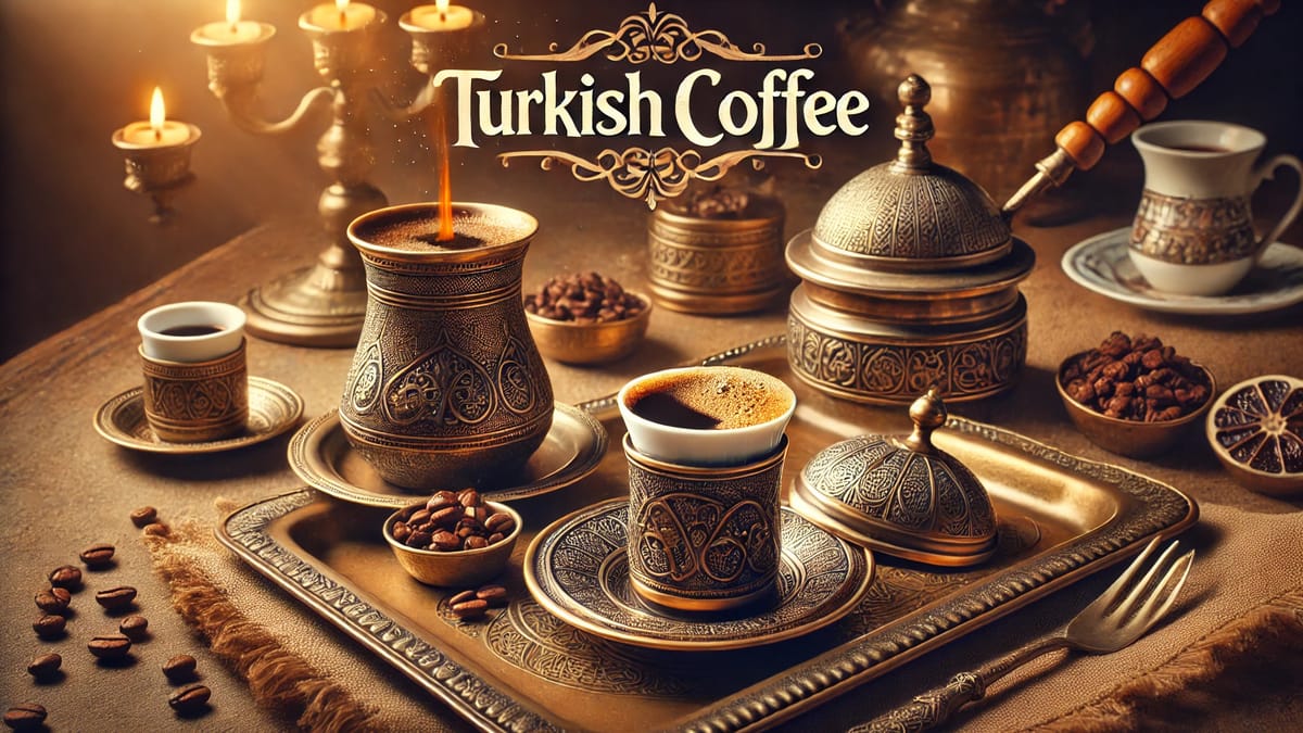 A beautifully arranged Turkish coffee set featuring a traditional copper cezve (coffee pot), intricate porcelain cups, and a decorative tray, placed on a sleek, modern coffee table in a cozy living room setting.