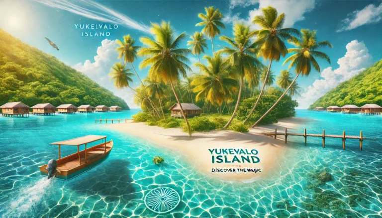 Stunning view of Crystal Bay on Yukevalo Island, featuring turquoise waters, white sandy beaches, and lush green palm trees under a clear blue sky.