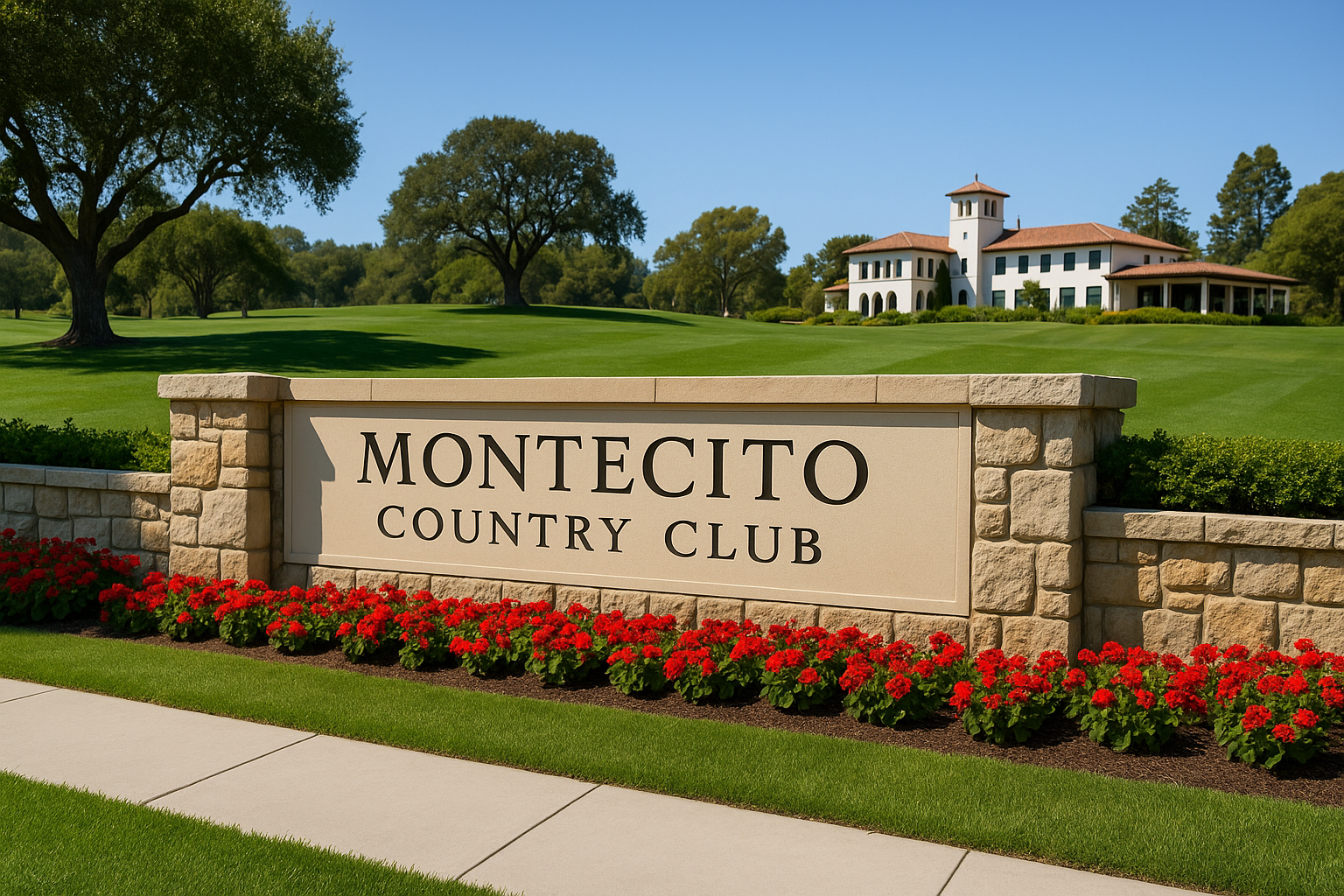 Elegant entrance of Montecito Country Club with manicured lawns, red flowers, and Spanish-style clubhouse under a clear blue sky.