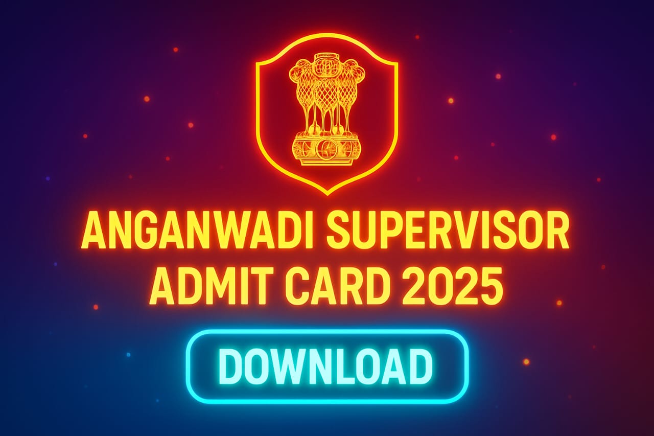 Colorful animated banner with download button for Anganwadi Supervisor Admit Card 2025, linking to official government portal