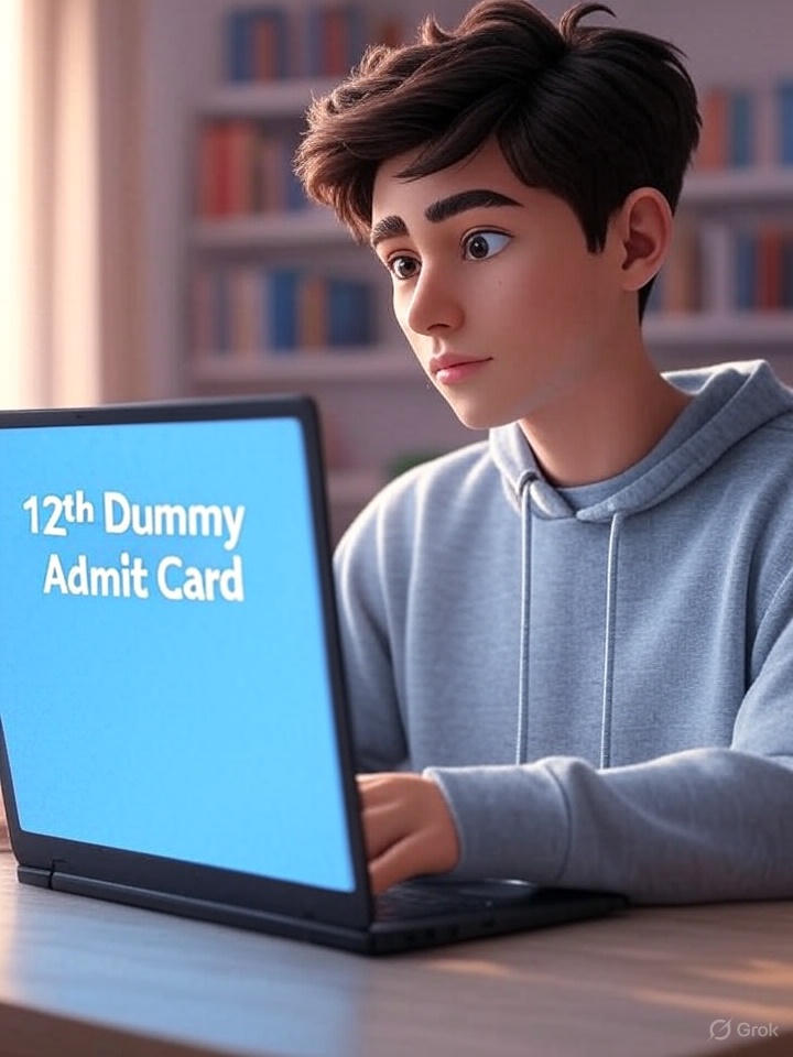 A 3D animated robot holding a tablet displaying "12th Dummy Admit Card" in a modern room, and a young student using a laptop with "12th Dummy Admit Card" on the screen.