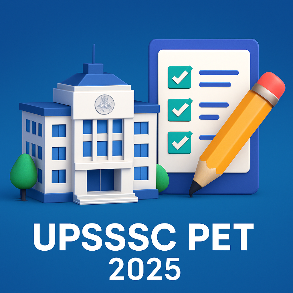 UPSSSC PET 2025 Exam - 3D Animated Government Building and Test Icon Blue Gradient Thumbnail